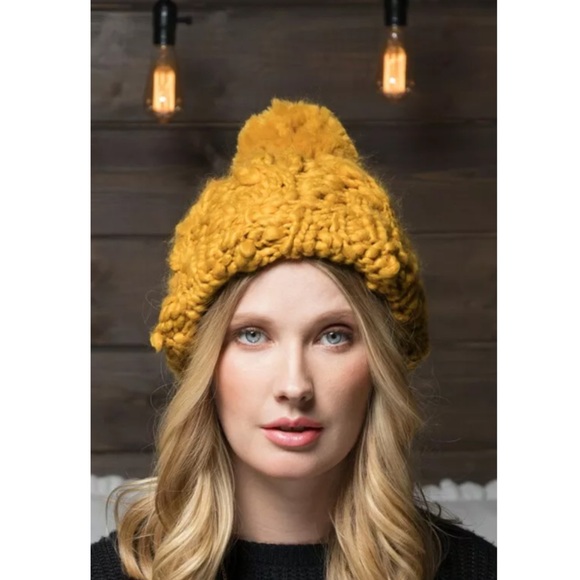 Mustard Cable Hand Knit Pompom Winter Beanie - Picture 2 of 3